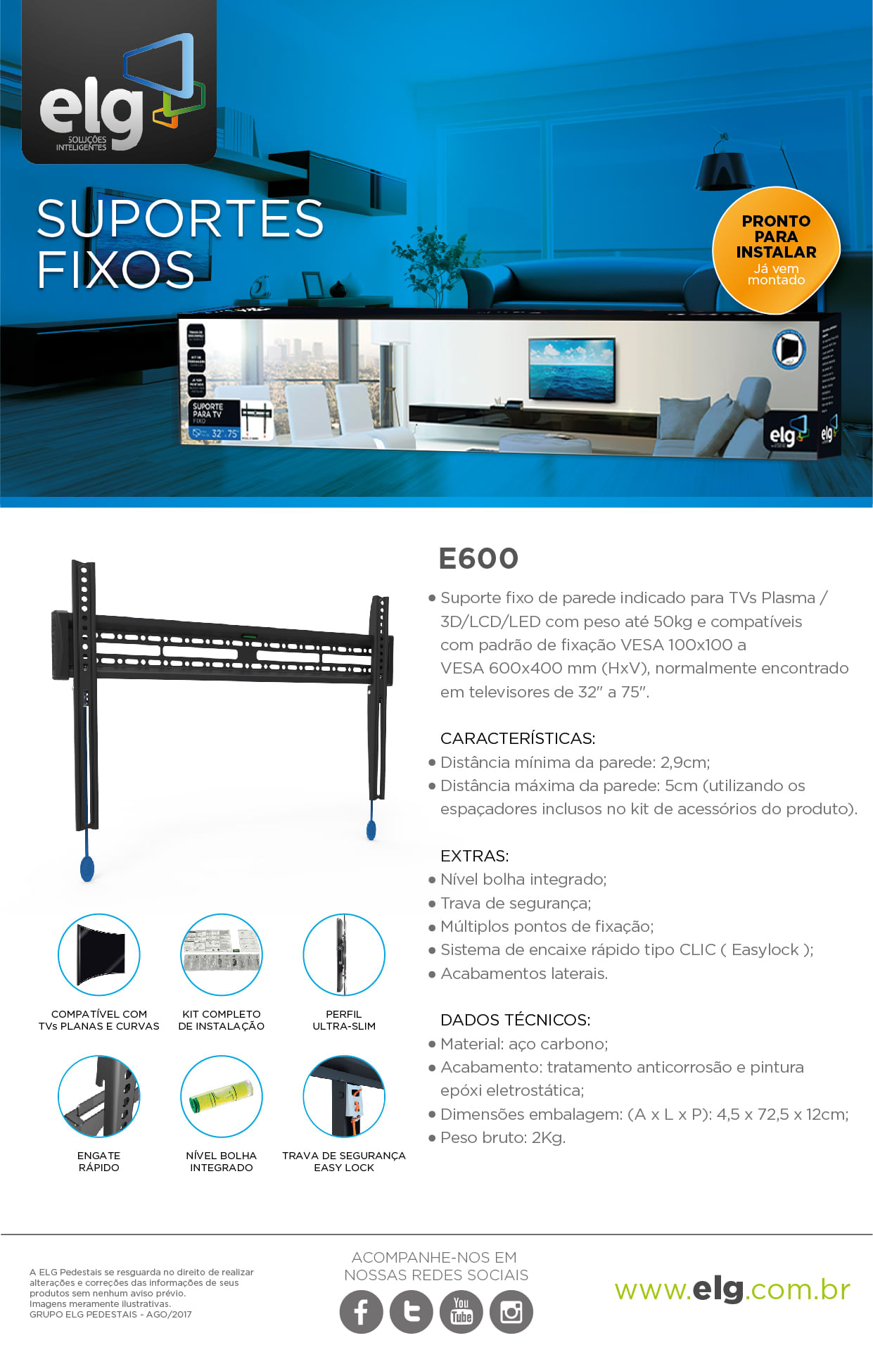 Suporte Fixo Tv Parede Slim Trava Led Curva 32 A 75 E600 Elg Store