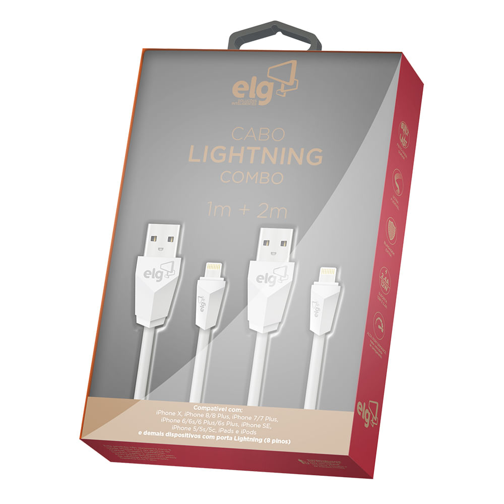 Kit 2 em 1: Cabos Lightning 1 Metro e 2 Metros para Recarga com Conector Tipo Prisma - CMB812WH ELG - ELG Store